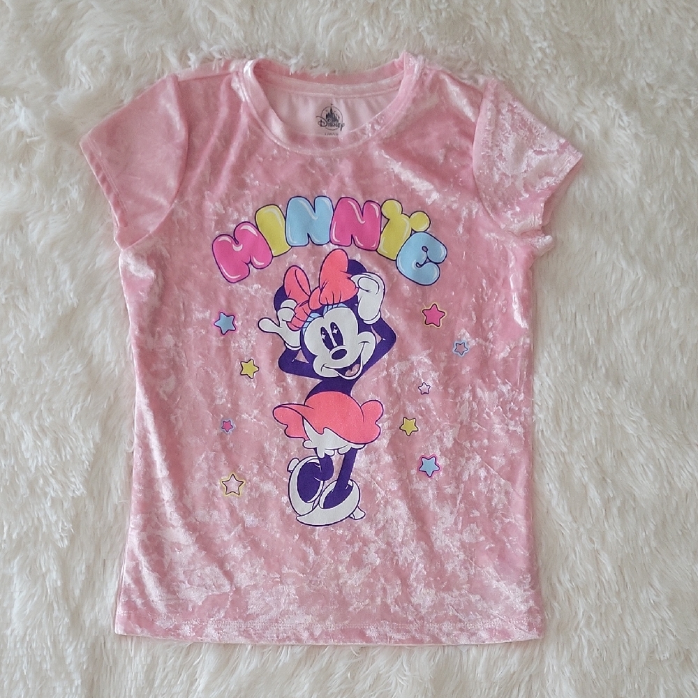 Disney Store Pink Crushed Velvet Minnie Short Sleeve Shirt Girl Size 10/12